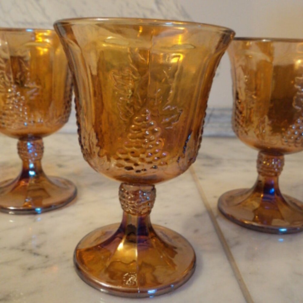 vintage iridescent amber glass goblets ~ set of 4